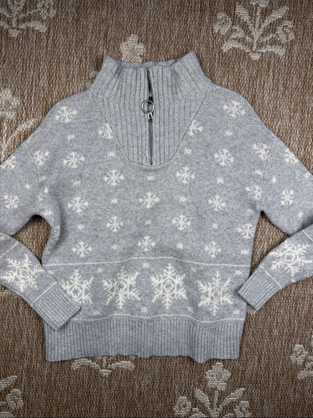 Talbots Gray and White Snowflake Cowl-Neck Sweater